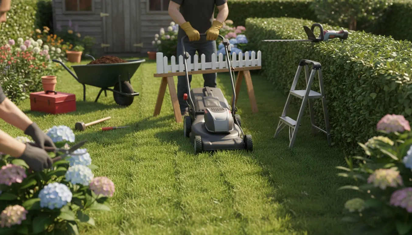 Hækkeklipning og græsslåning i en solrig have med værktøj og hænder klar til mindre reparationer.