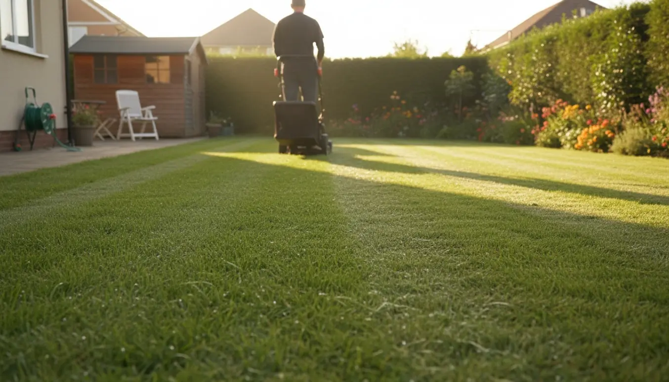 Person set bagfra slår en solrig, velplejet græsplæne med en plæneklipper.