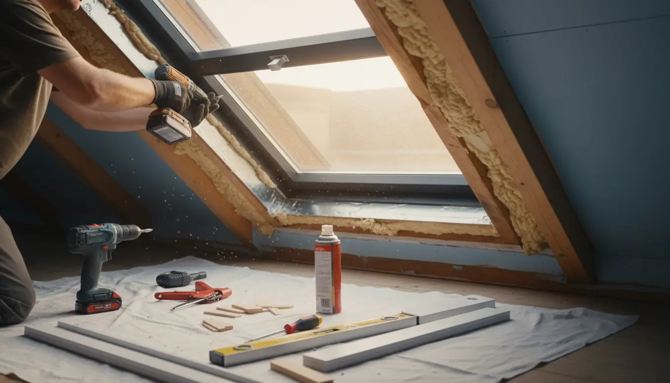 Håndværker monterer nyt vindue i en skråvæg på loftet med værktøj og isolering klar.