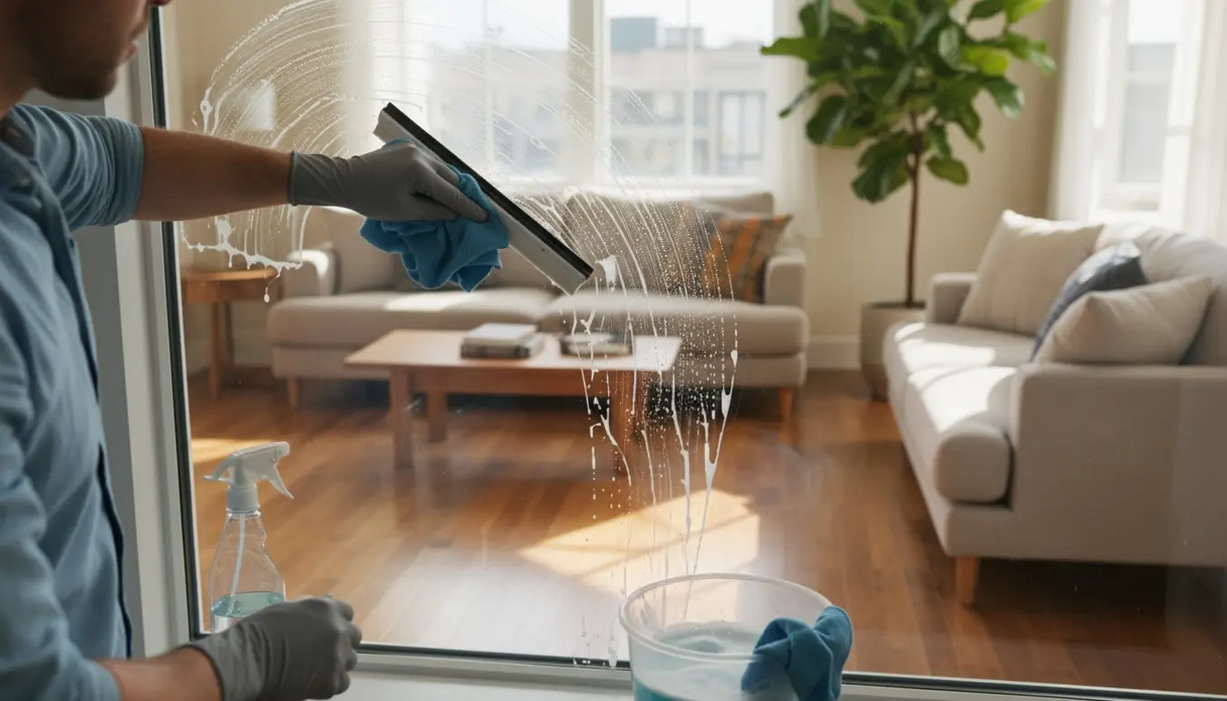 Hænder pudser store stuevinduer med skraber og klud i en lys, møbleret stue klar til fremvisning.