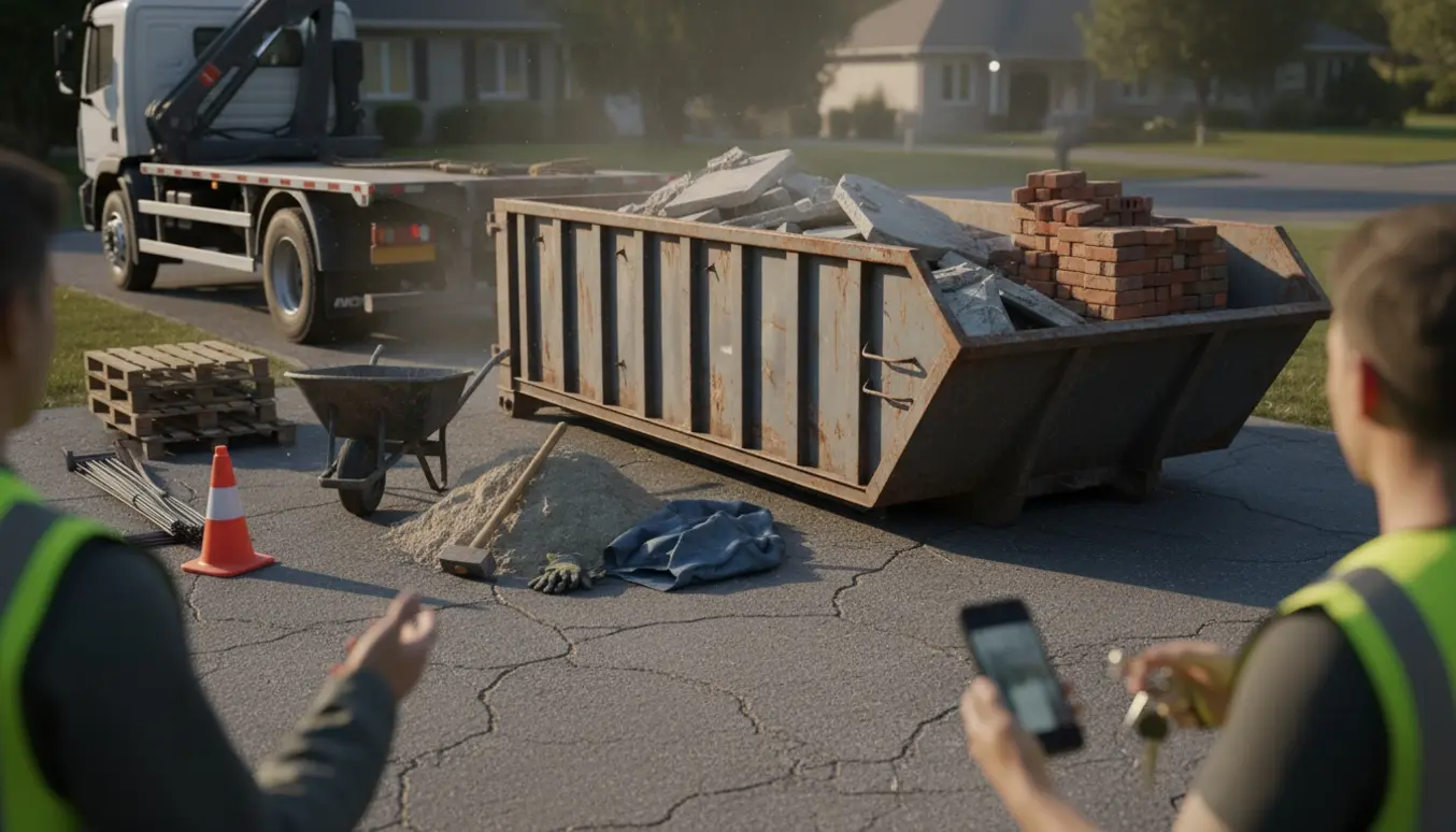 Stålt container fyldt med beton og mursten i indkørsel med leveringslastbil i baggrunden.