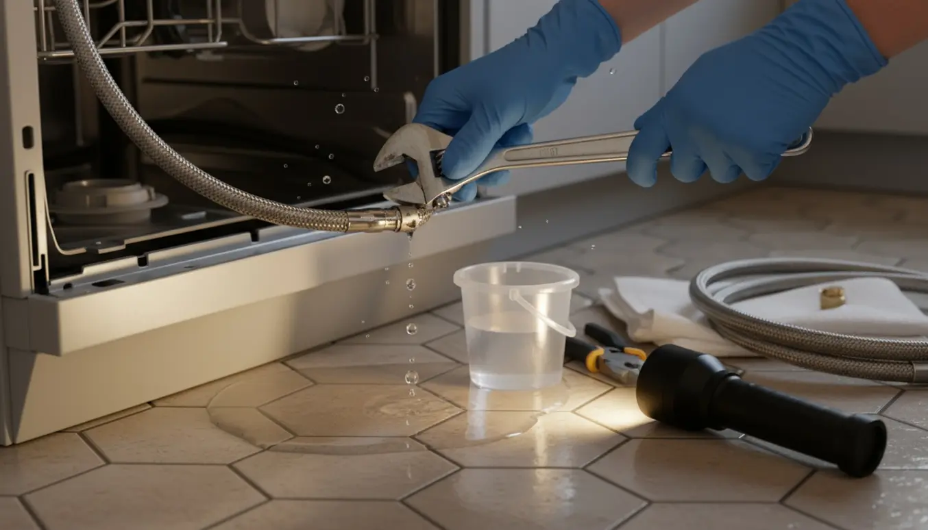 Hænder i handsker reparerer en dryppende slange under en indbygget opvaskemaskine med en spand og værktøj ved siden af.