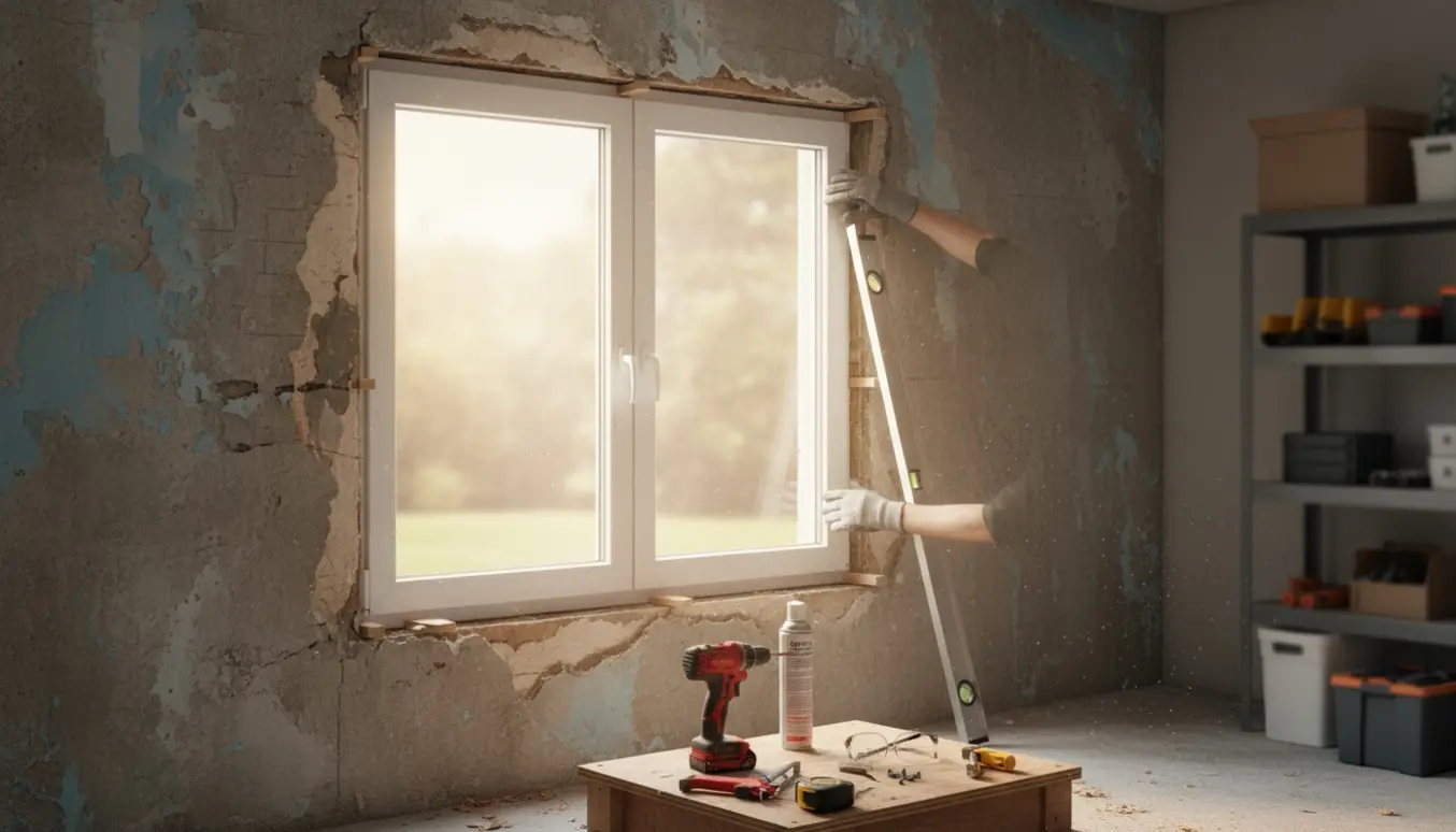 Nyt hvidt plastikvindue isættes i garageåbning med værktøj og hænder i fokus.