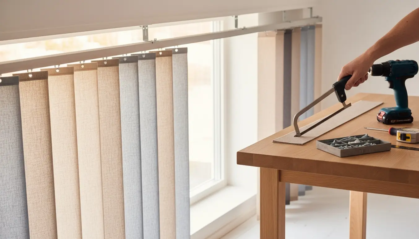 Nærbillede af hænder, der monterer et lammelgardin ved et vindue med værktøj og afkortede lameller på et arbejdsbord.