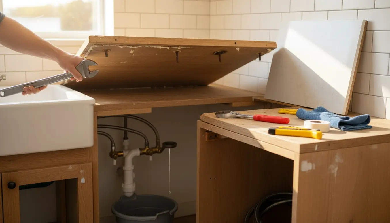 Nærbillede af afmontering af gammel træbordplade og vask med værktøj og en ny bordplade støttet op ad væggen i et lyst køkken.
