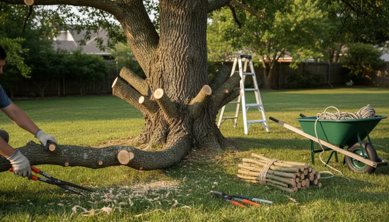 Beskåret egetræ med én meters grene omkring stammen og en stak 30 cm skårne grene ved siden af beskæringsværktøj.