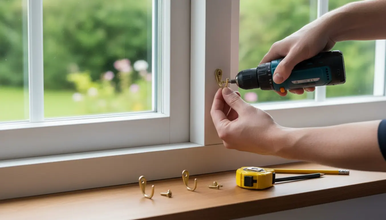 Nærbillede af hænder, der monterer tre messingkroge på en moderne hvid vinduesramme.
