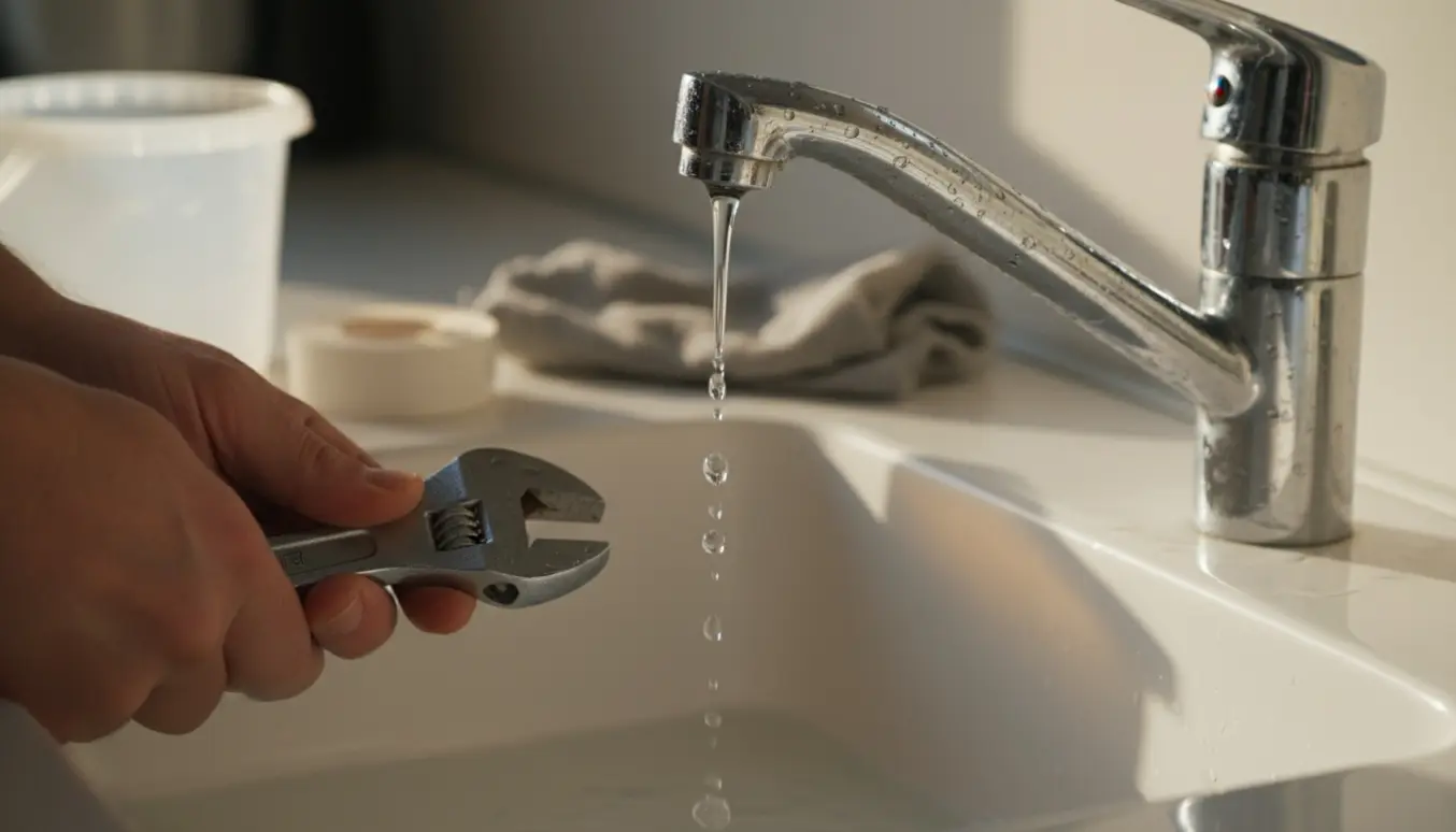 Nærbillede af en dryppende køkkenvandhane over en vask med værktøj og spand klar til reparation.