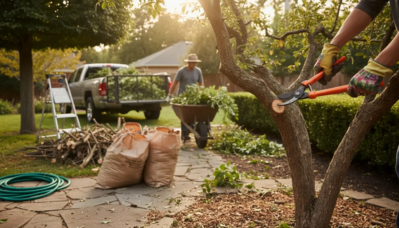 Beskæring af grene og læsning af haveaffald i en baghave med trillebør og trailer.