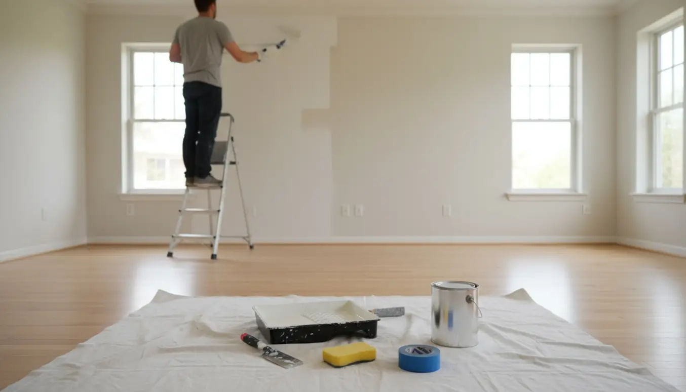Tomt hus indvendigt under maling med maler på stige, rulle, spartel og værktøj på beskyttelsesdug.