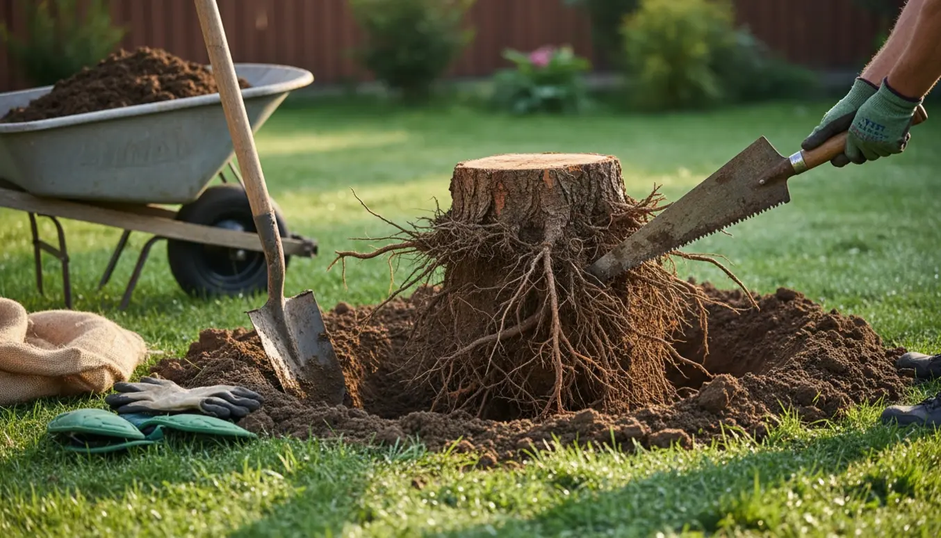 Opgravet jord i haven med en lille træstub og rødder, der bliver fjernet med spade og rodsav.