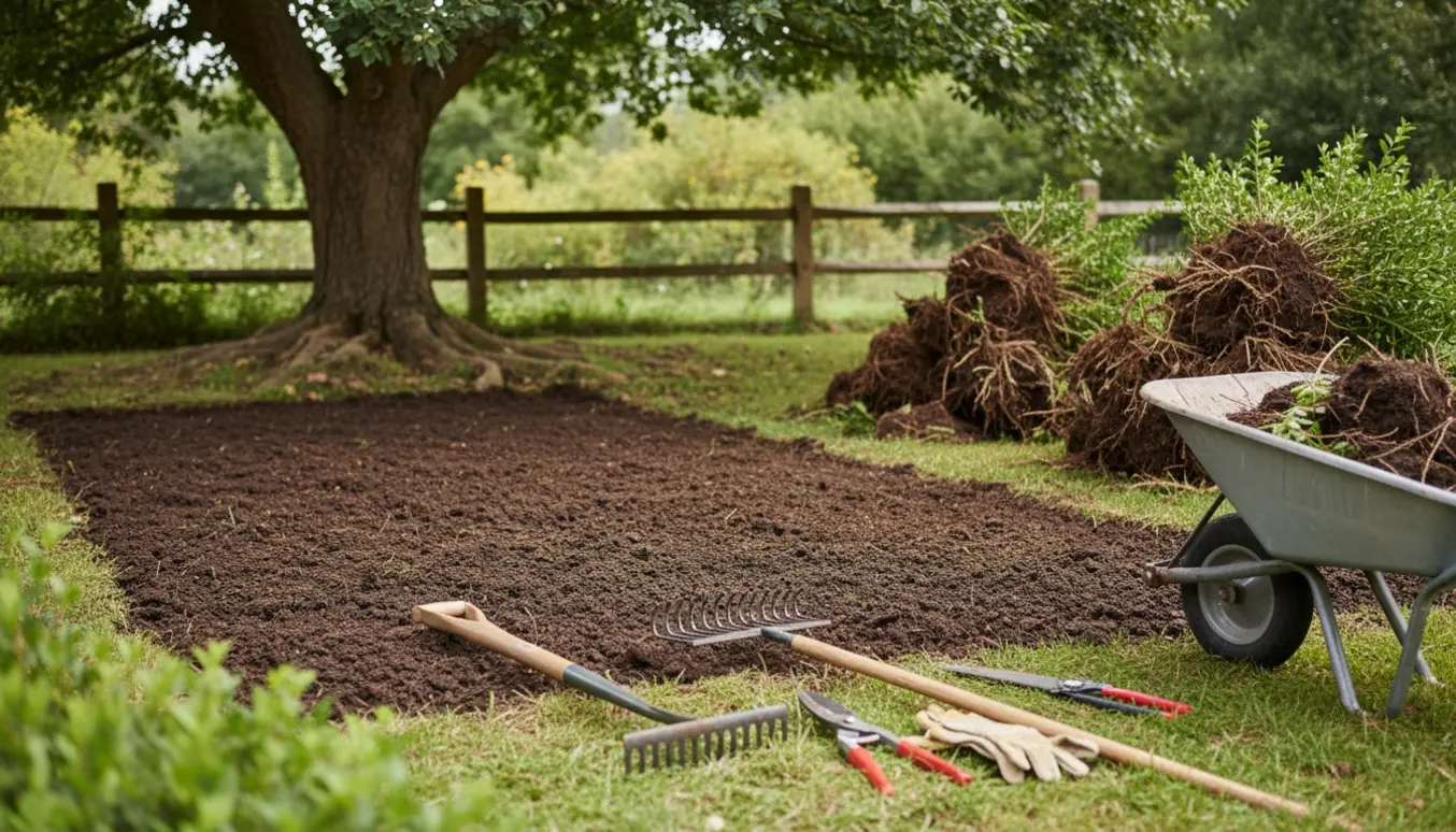 Ryddet haveområde med opgravede lave buske, værktøj og et træ tilbage, klar til græssåning.
