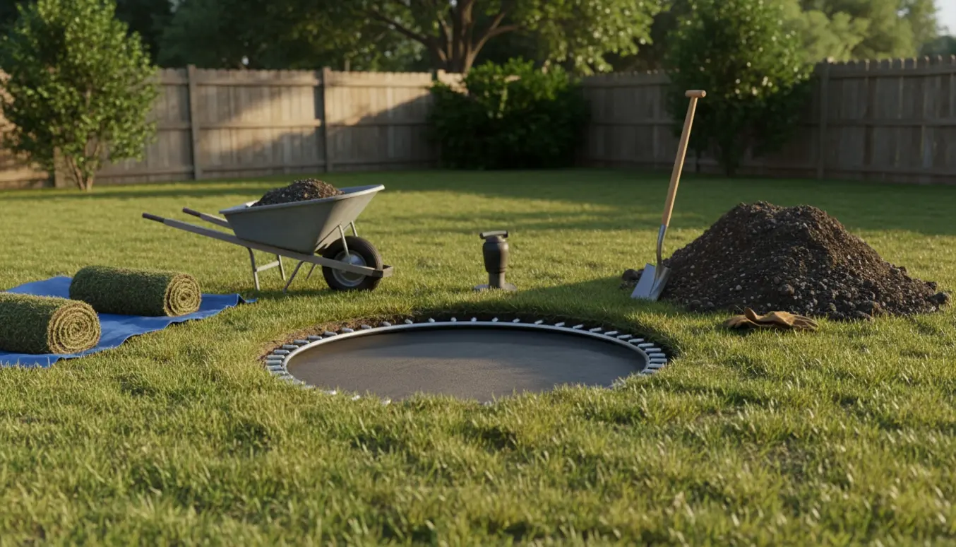 Rundt hul gravet i græsplænen med jord, værktøj og en delvist nedsænket trampolinramme klar til installation.