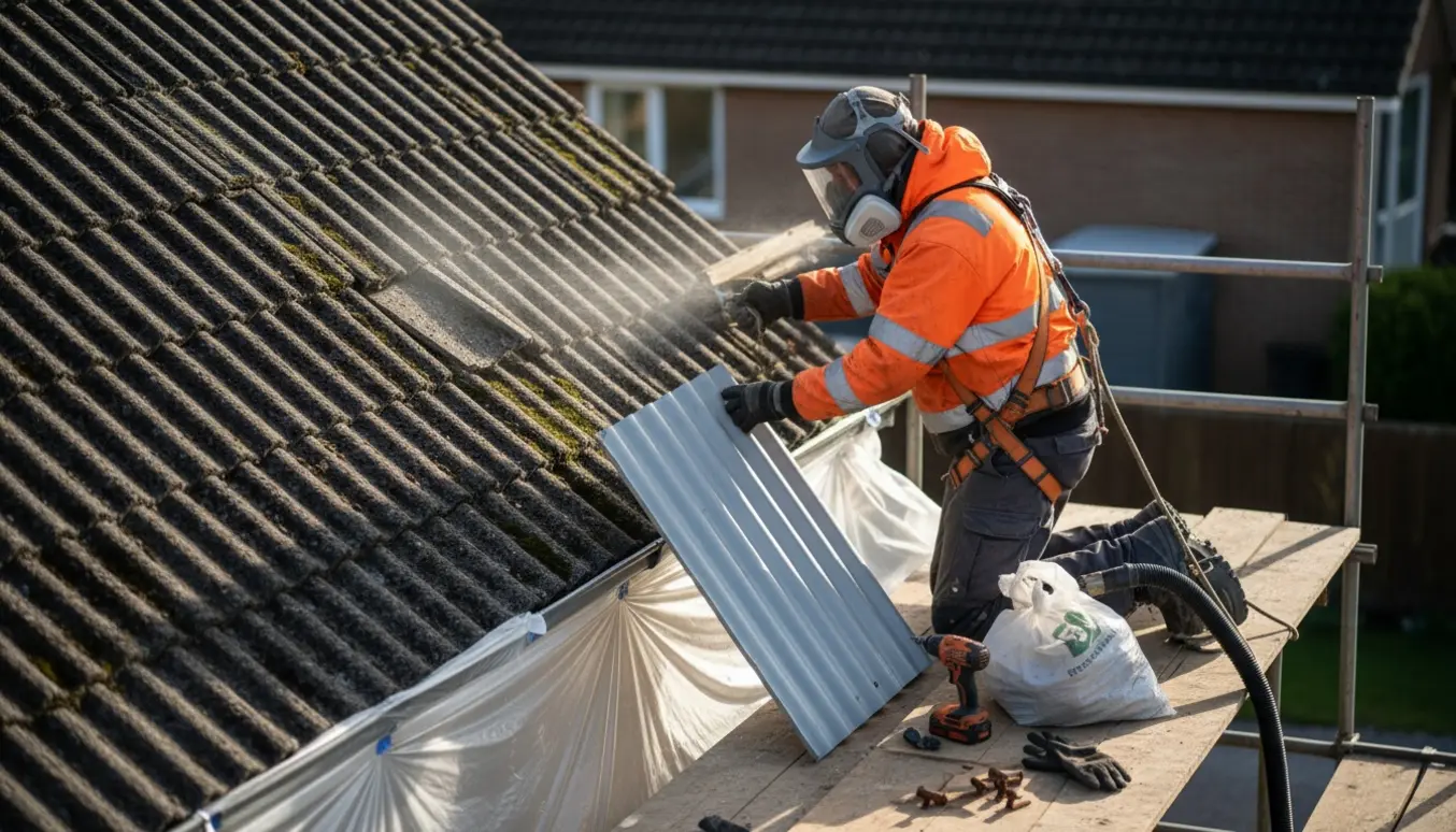 Håndværker udskifter en slidt eternitplade på et tag med beskyttelsesudstyr og afdækning.