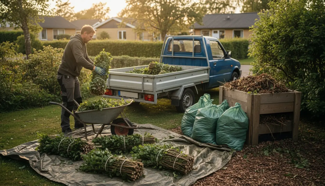 Trillebør, kompost og trailer fyldt med afskårne bøgehæk-toppe klar til bortkørsel.
