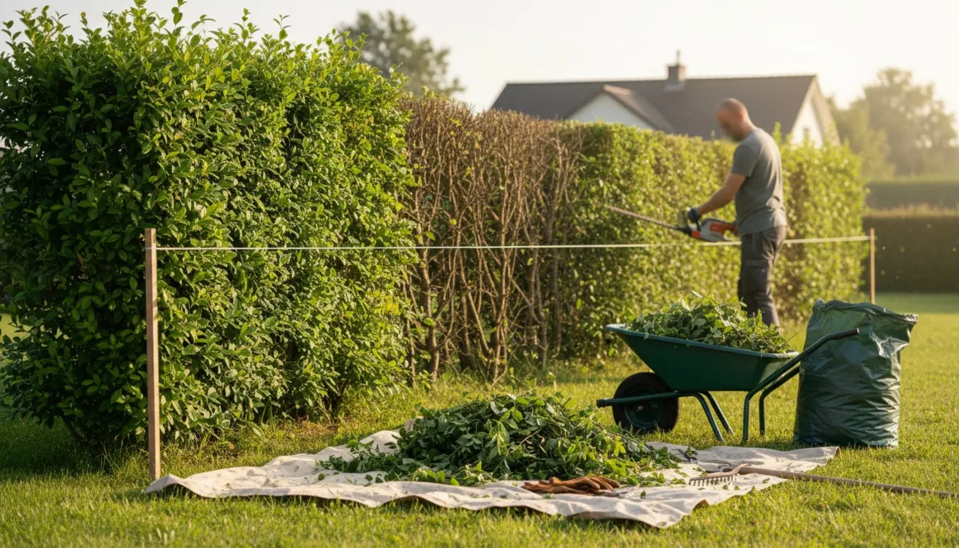 Lang hæk bliver klippet ca. 25 cm lavere, og afklippede grene samles på presenning og i trillebør.