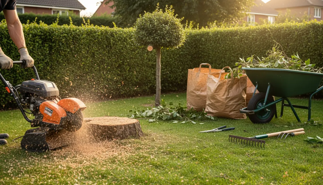 Stubfræsning og haveservice med fræser i aktion, beskåret hæk og trillebør med haveaffald.