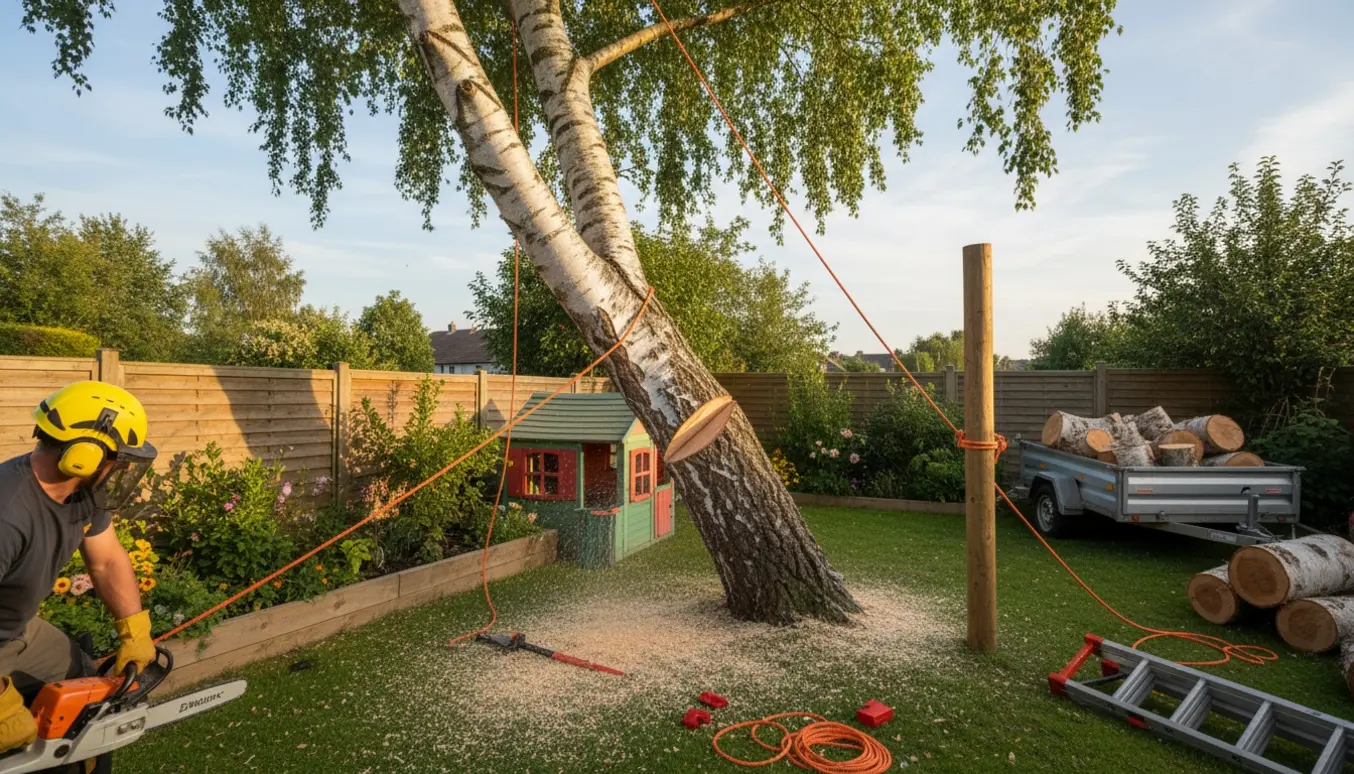 Fældning af stort birketræ i trang have med motorsav, tov og stablede træskiver ved en trailer.