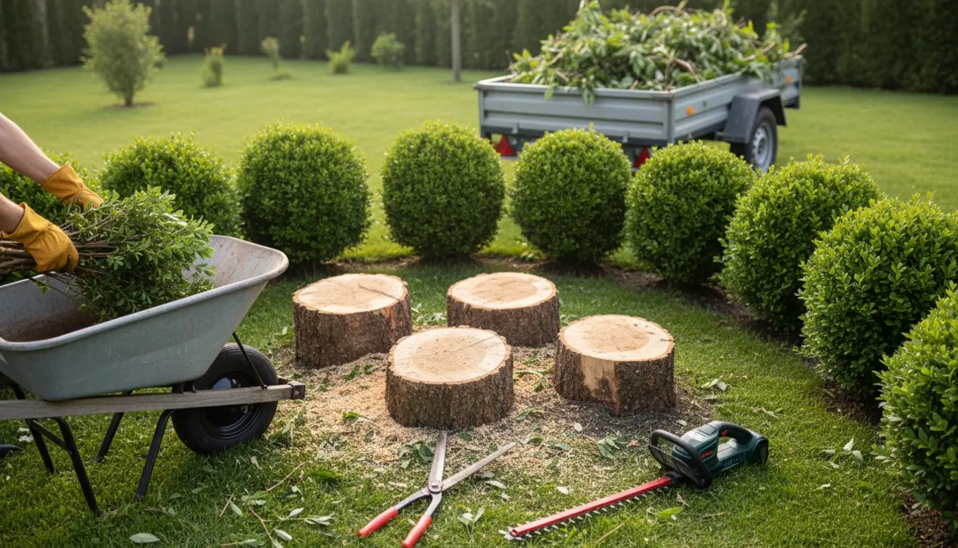 Nysavede buske og beskårne småbuske i en have med redskaber og trailer fyldt med afklip.