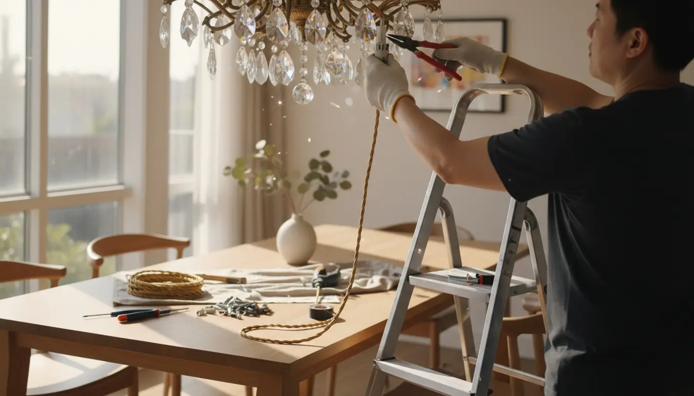Hænder tilslutter en forlænget ledning til en prismelysekrone over et træspisebord.