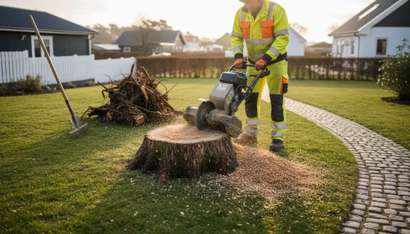 En stubfræser fjerner en enkelt stub i en have i Frederikshavn med friske træspåner omkring.