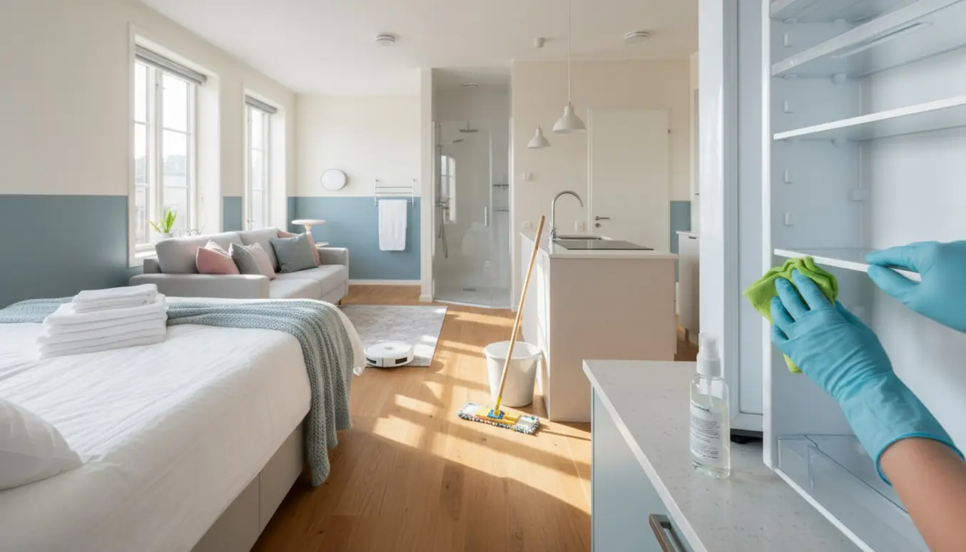 Hånd vasker køleskab i en lyst, ryddet 60 m² lejlighed med nyopredt seng og rengøringsudstyr i naturligt dagslys.