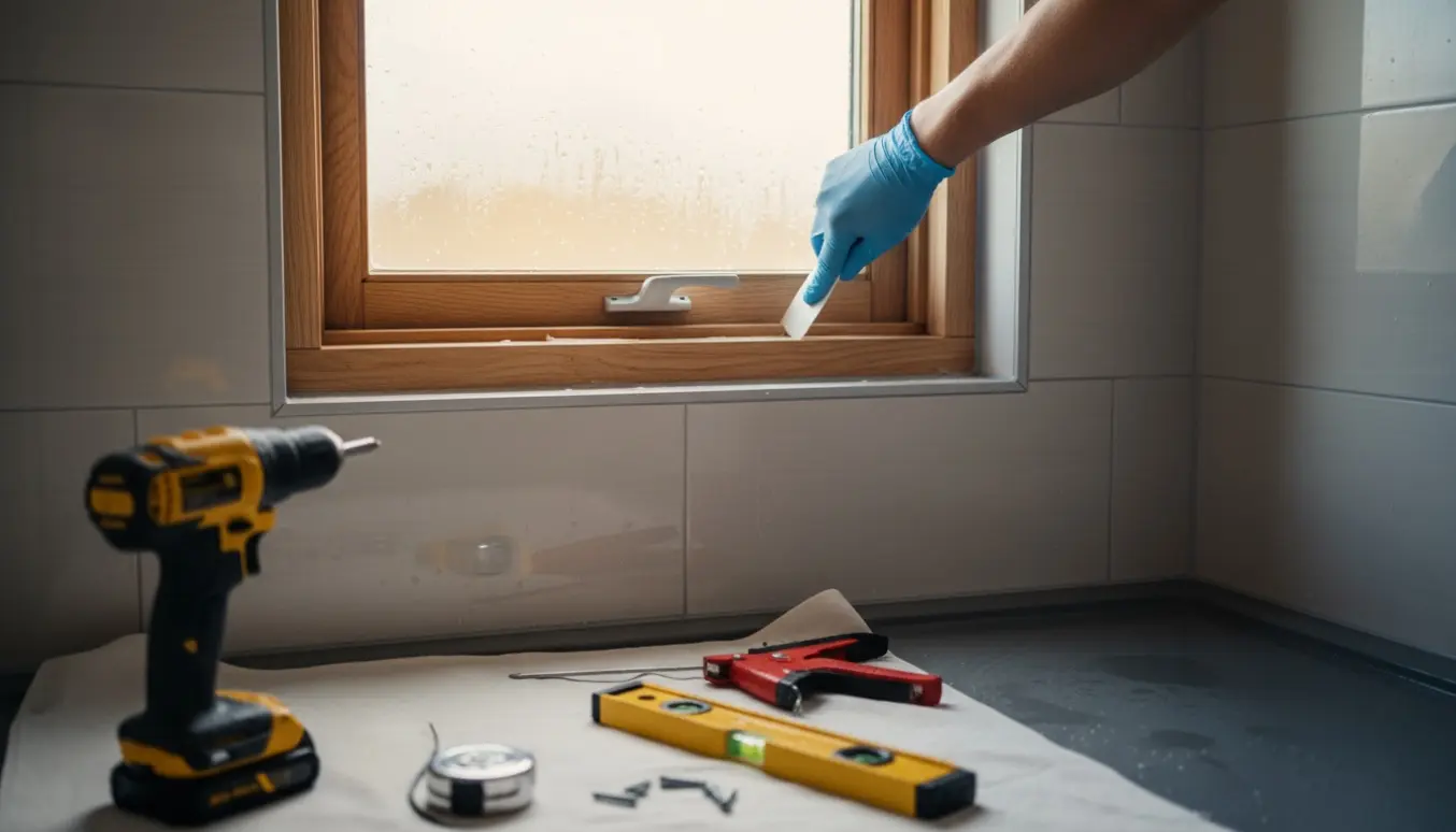 Hænder monterer et nyt trævindue i en våd bruseniche med værktøj og fugemasse klar.