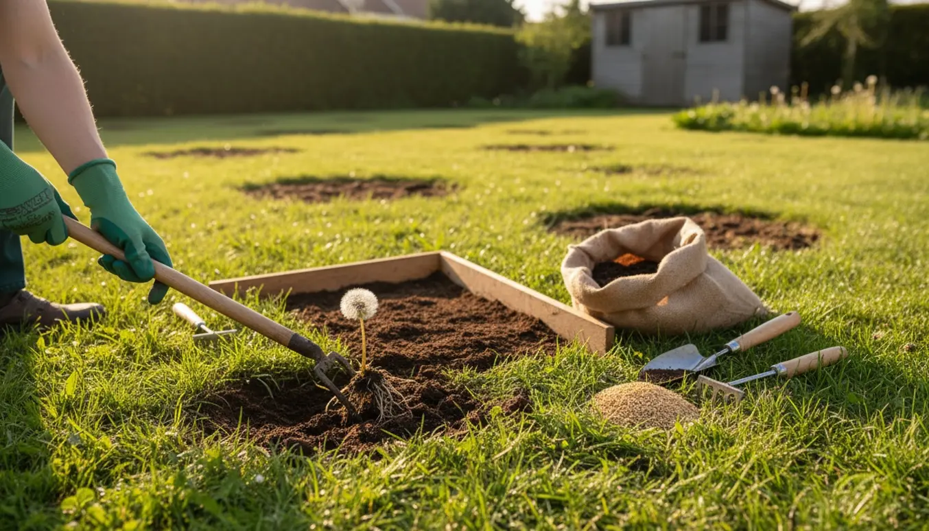 Hænder fjerner mælkebøtter og planerer en ujævn græsplæne med rive og topjord.
