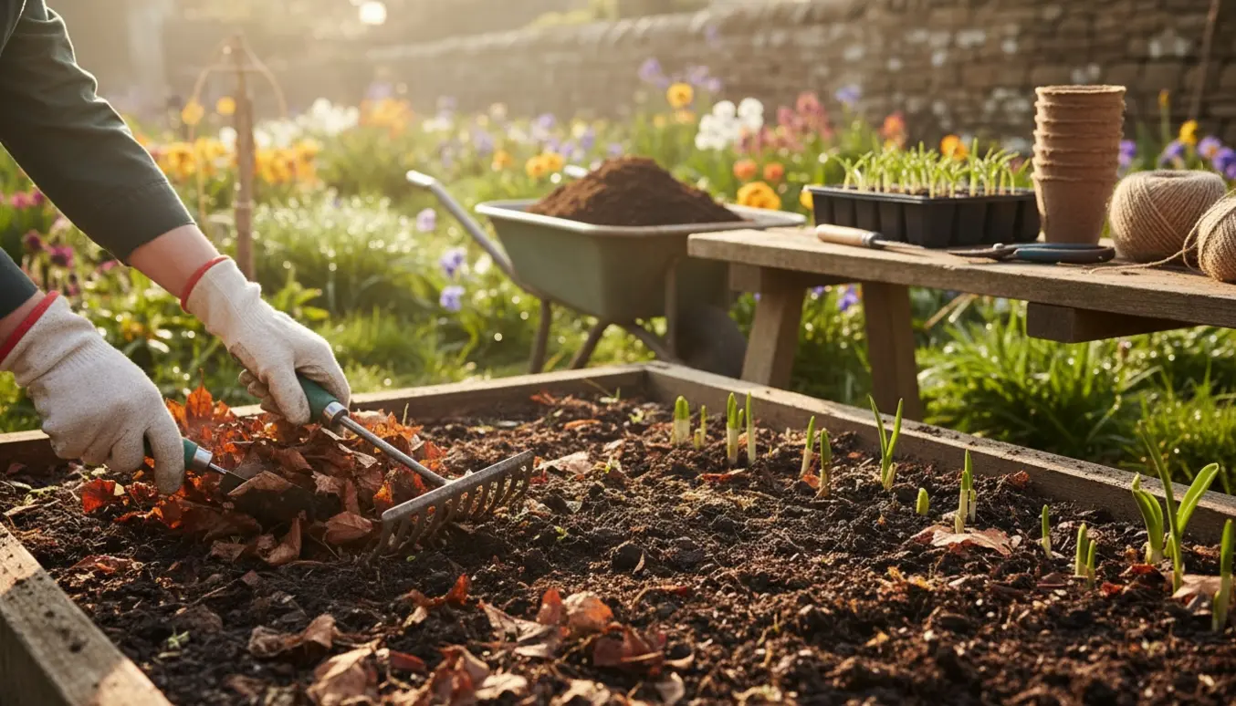 Nærbillede af handskerede hænder, der forbereder et havebed med kompost, redskaber og spirende planter på en solrig forårsdag.