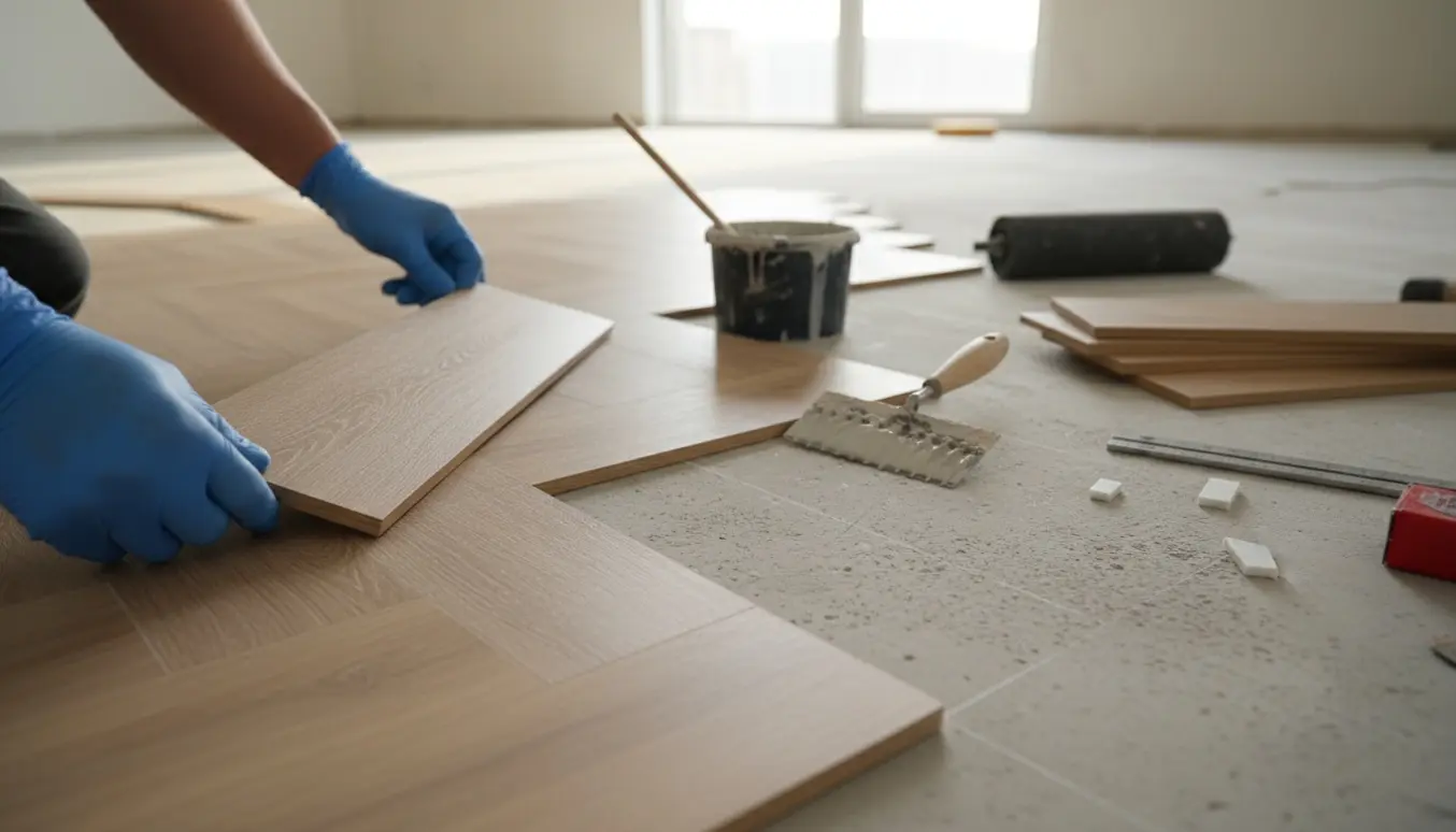 Nærbillede af montering af fuldlimet vinyl sildebensparket på klargjort betondæk med værktøj og lim.