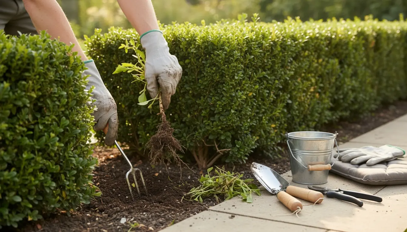 Nærbillede af handsker og værktøj, der fjerner ukrudt ved basen og mellem tætte hække.