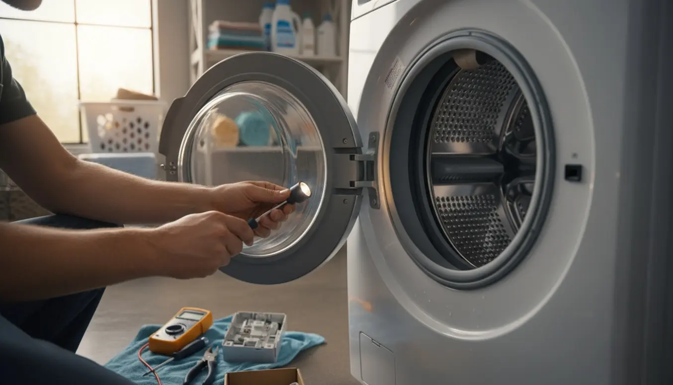 En tekniker uden synligt ansigt arbejder med værktøj på låsemekanismen i en frontbetjent vaskemaskine.