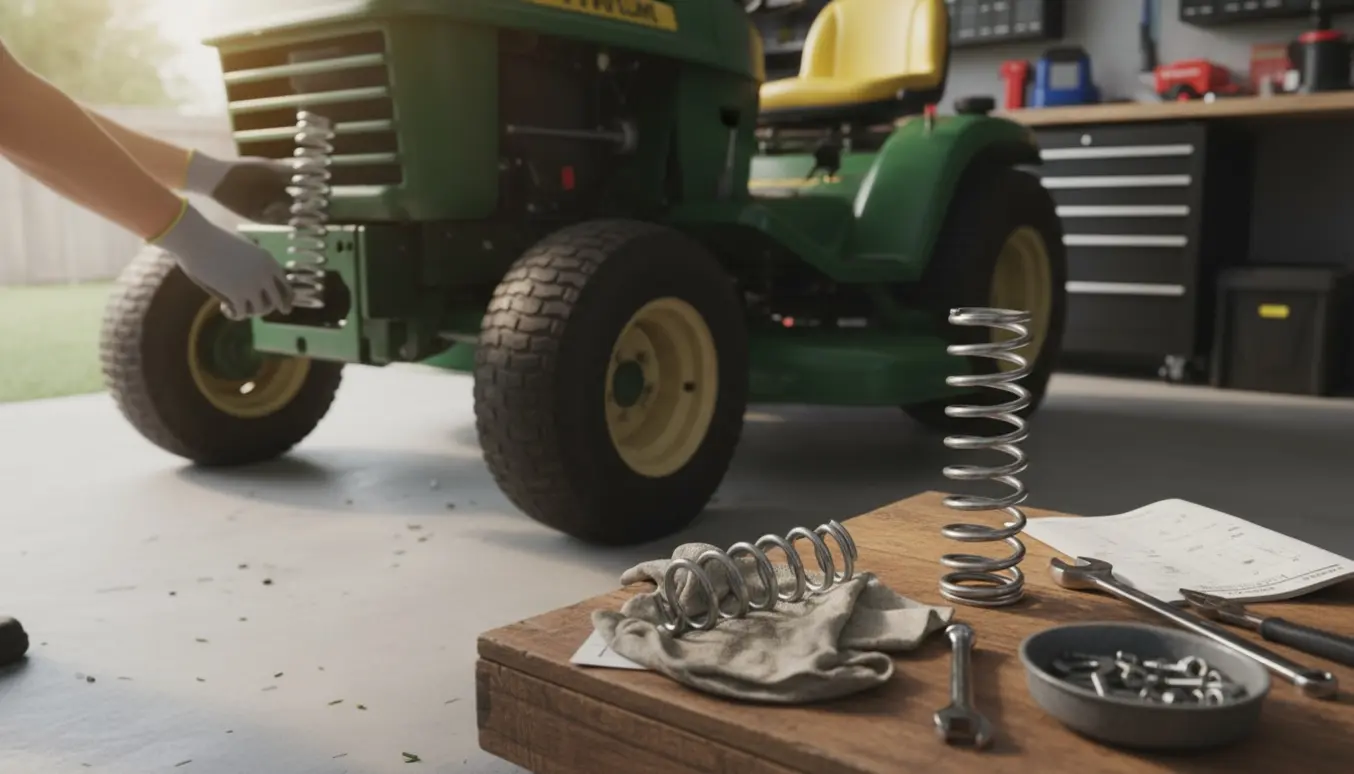 Havetraktor i en carport med en knækket fjeder ved siden af en ny reservedele og værktøj.