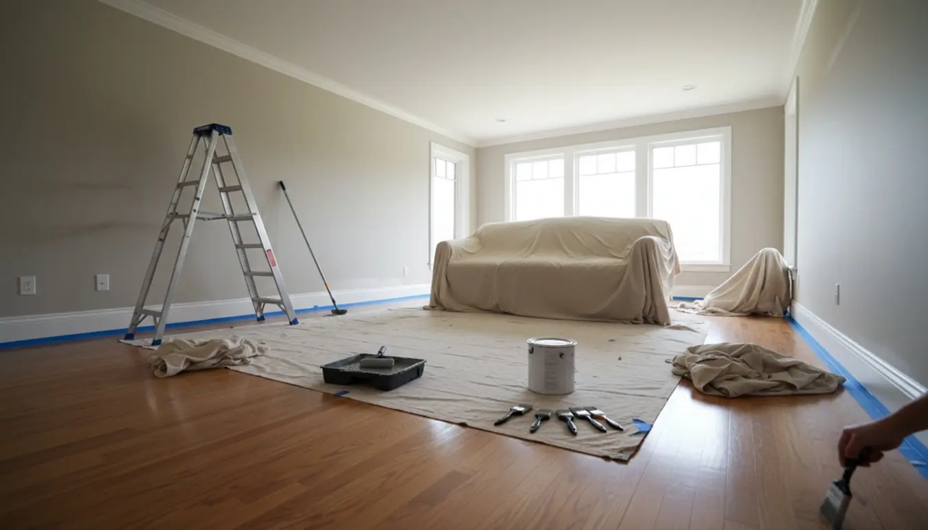 Lys stue under maling med rulle, stige og afdækningsdug, nymalet loft, vægge og paneler.