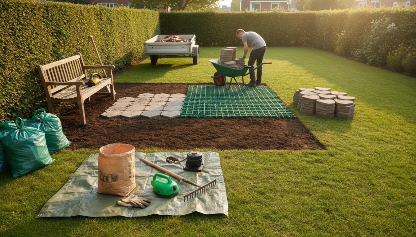 Havearbejde med fjernelse af fliser, lægning af græsarmering, jordpåfyldning, græssåning og hækklipning i en villahave.