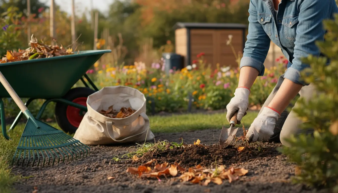 Hænder i havehandsker luger et bed og samler blade i en trillebør på en solrig dag.