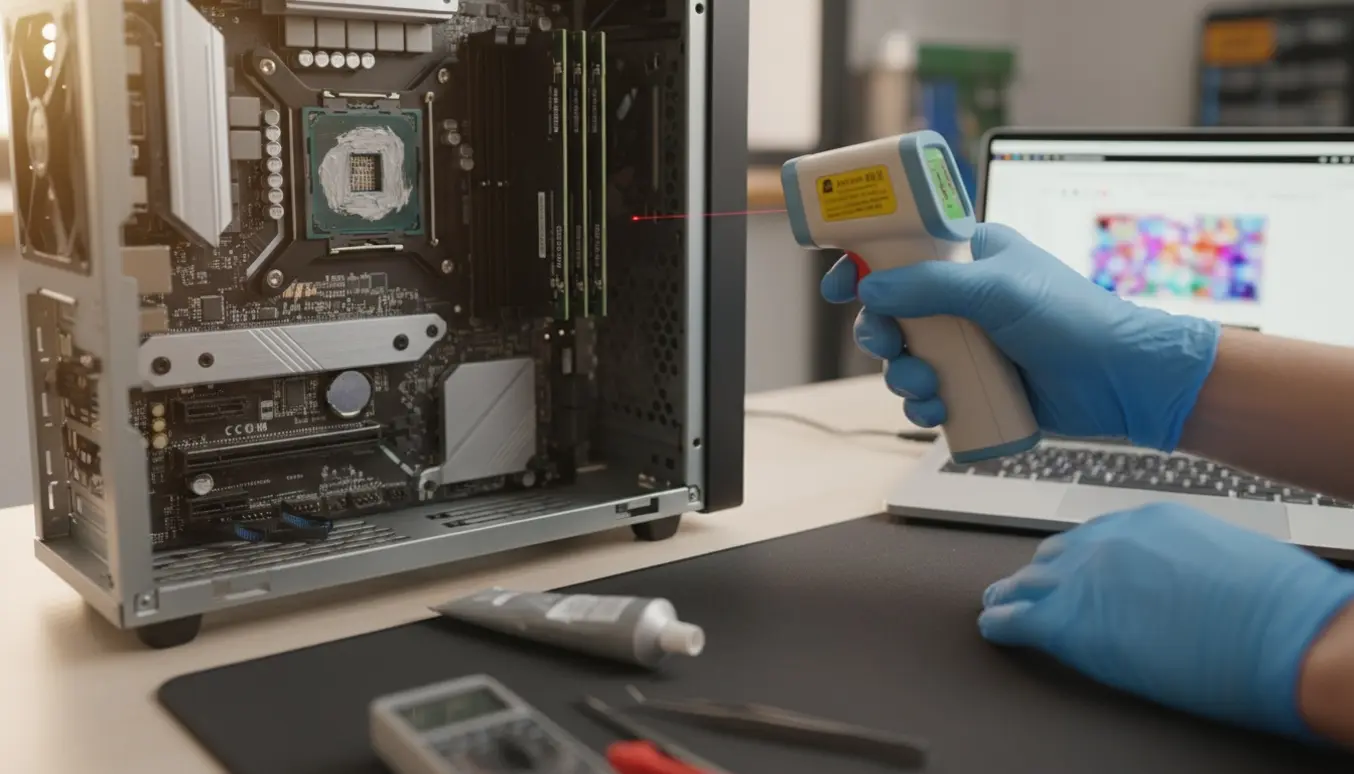 Åben nybygget PC på arbejdsbord med hænder, termometer, varmeledende pasta og værktøj ved CPU for at fejlfinde overophedning.