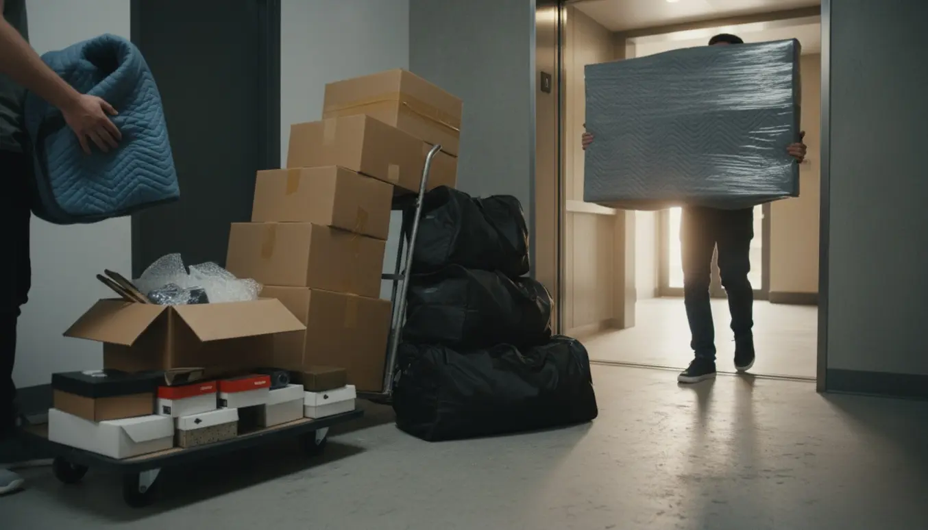 Flyttefolk bærer indpakket TV og kasser ud af en elevator mod stueetagens indgang.