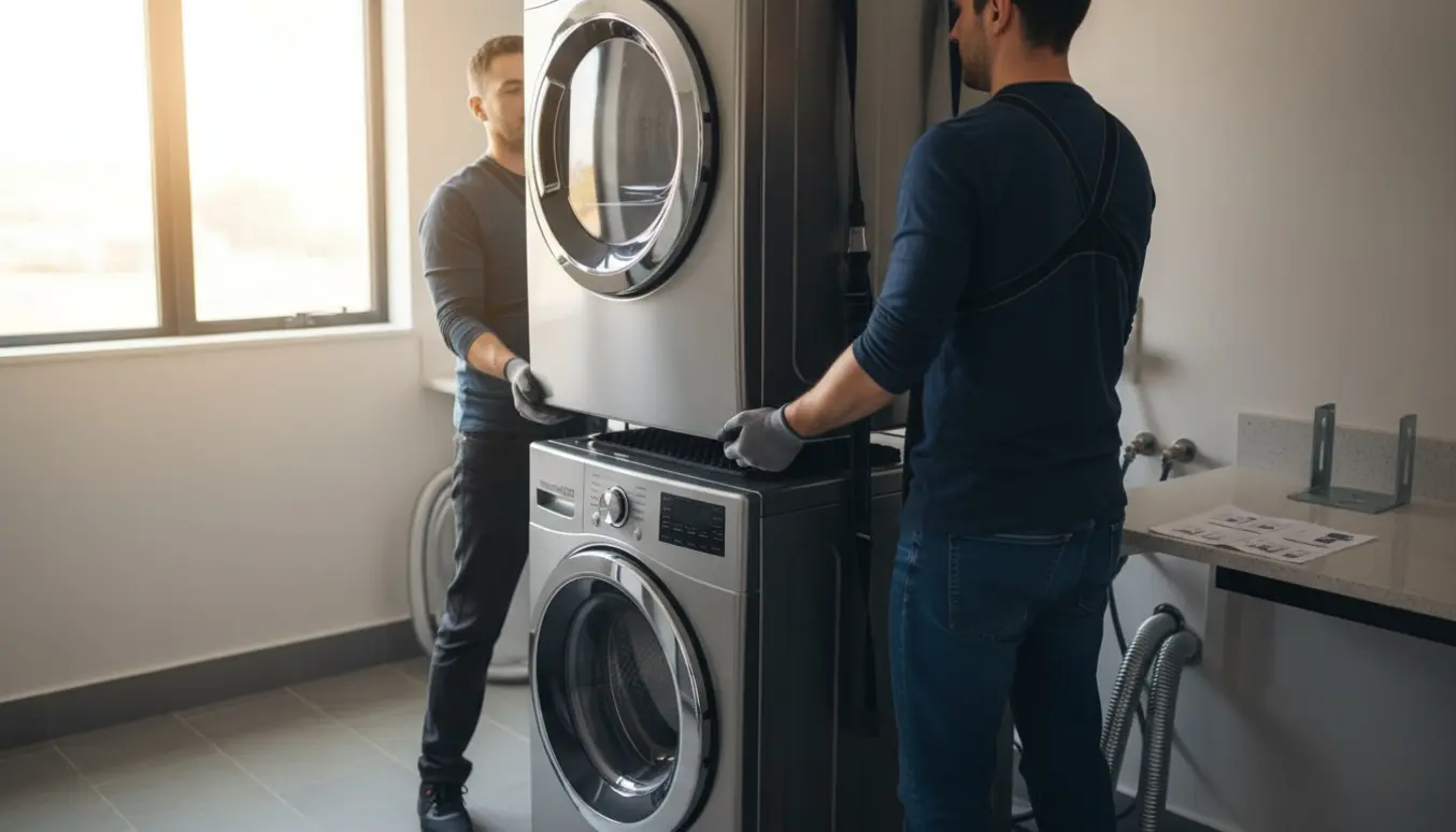 To personer løfter en tørretumbler op på en vaskemaskine i et lyst og ryddeligt bryggers.