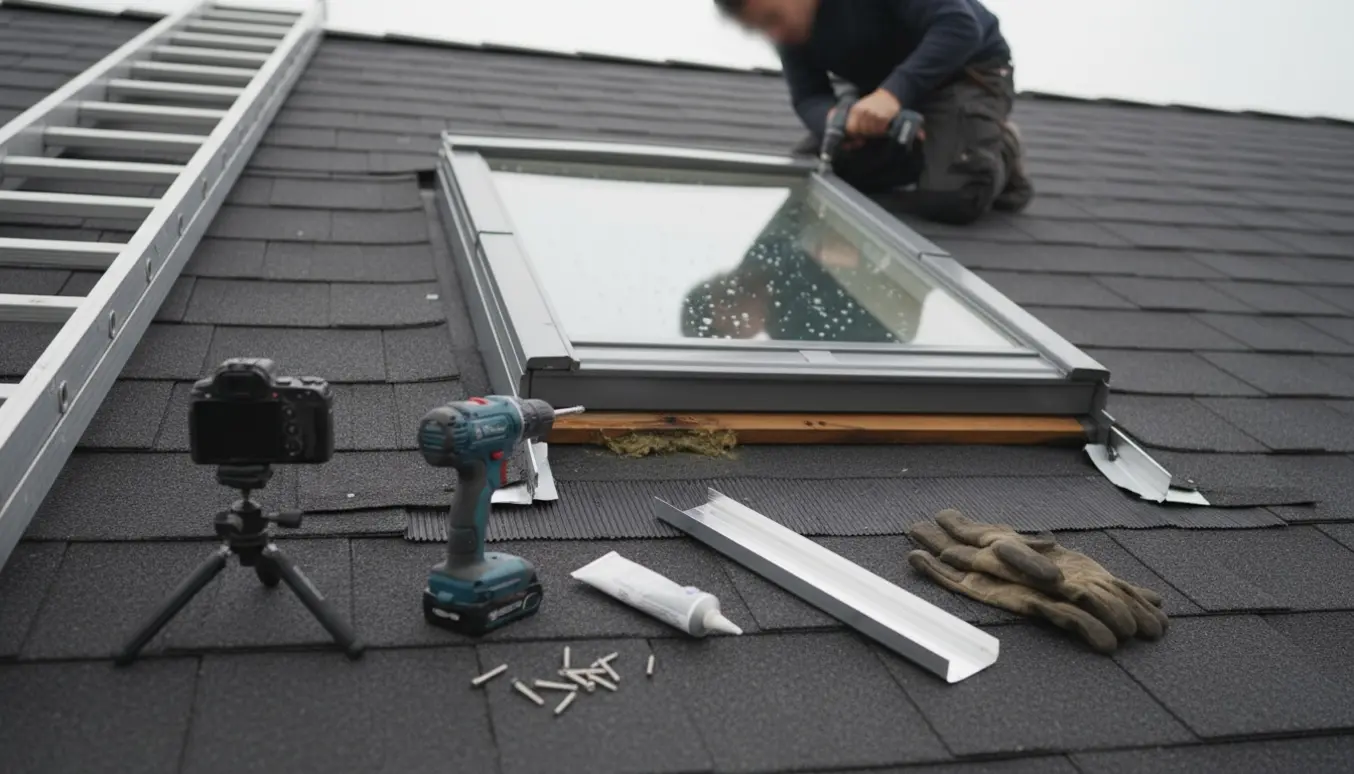 Håndværker genmonterer en alu-profil på et utæt ovenlysvindue med værktøj og synlige vandskader.