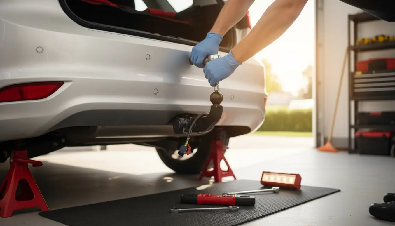Mekaniker monterer en trækkrog under bagenden på en Ford Focus med værktøj og støttebukke.