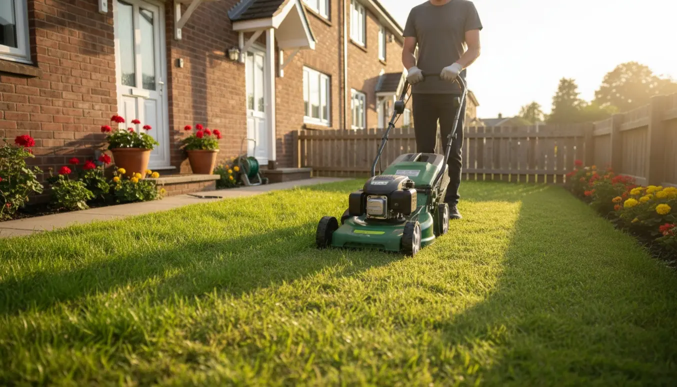Person slår græsset på en lille forhave ved et rækkehus med en plæneklipper set bagfra.