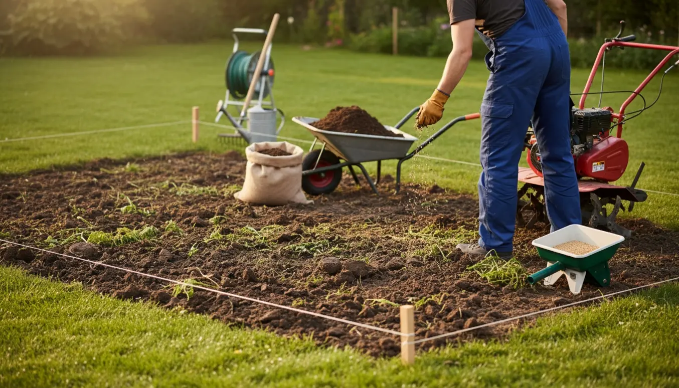 Nyfræset jord i en have klar til græssåning med fræser, såsække og rive.