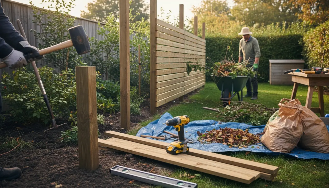 Opsætning af trælæhegn i haven med haveredskaber og opsamling af haveaffald.