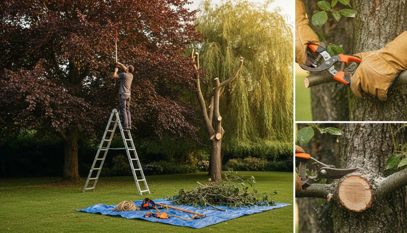 Arborist beskærer en stor blodbøg og en høj troldepil i en have med beskårne grene samlet på jorden.