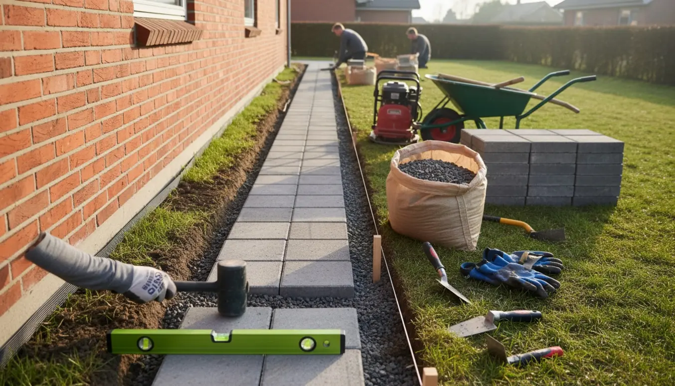 Udendørs fliselægning langs et hus i Ishøj med stablede betonfliser, grus og værktøj.