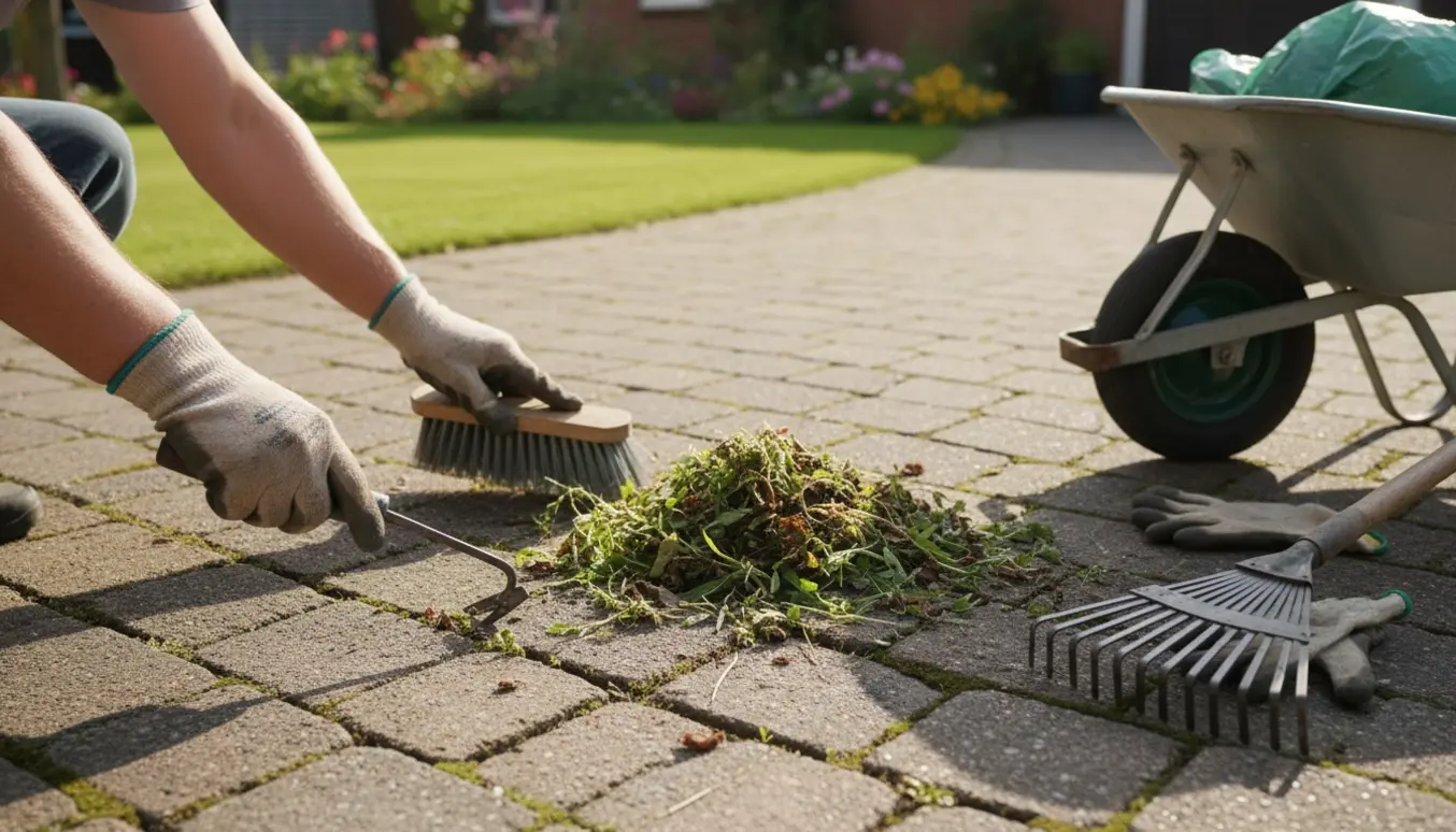 Hænder fjerner ukrudt og blade mellem fliserne i indkørslen med haveredskaber i baggrunden.