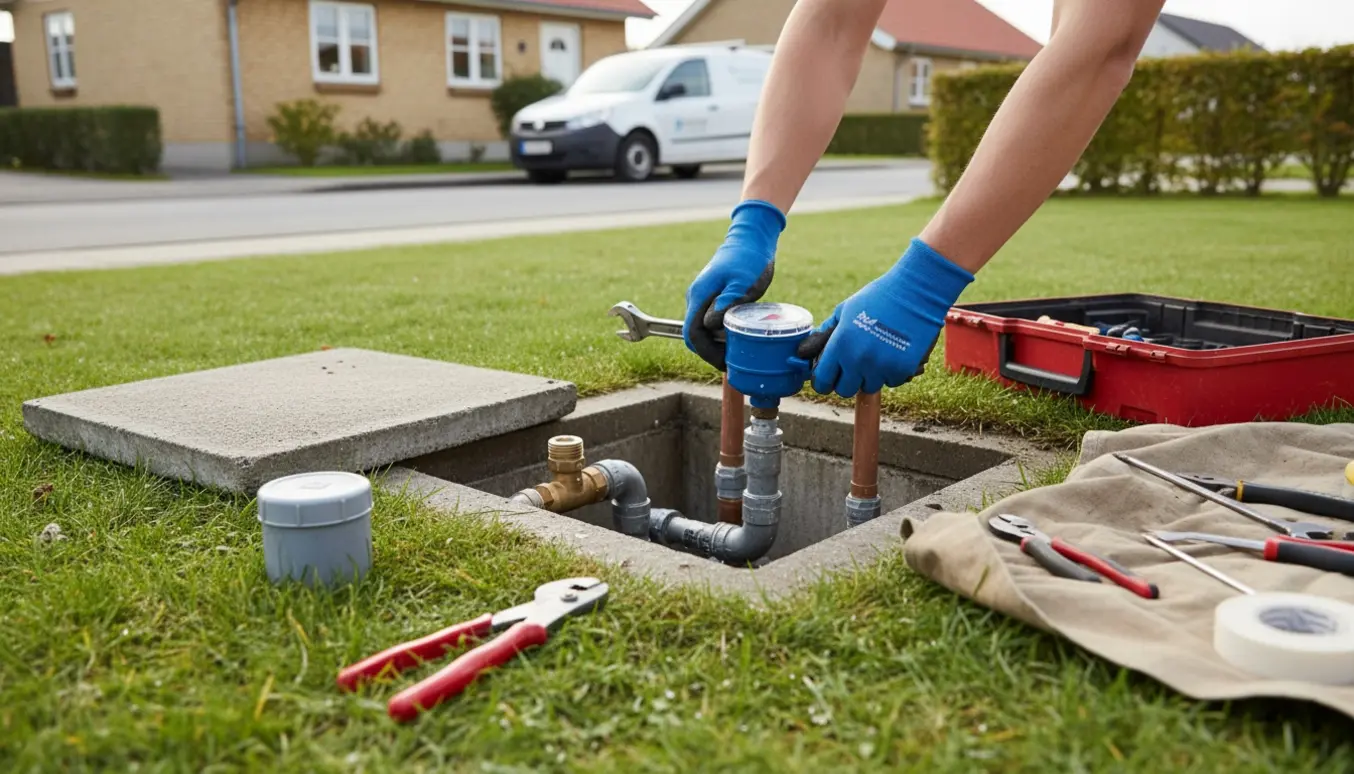 Nærbillede af hænder, der afmonterer en vandmåler fra en åben målerbrønd ved en husgrund i Odense.