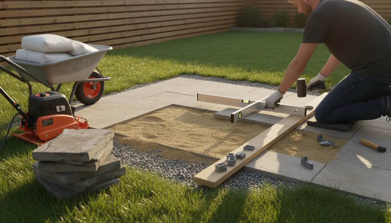 Baggård med anlæg af en cirka otte kvadratmeter terrasse, værktøj og materialer i fokus.
