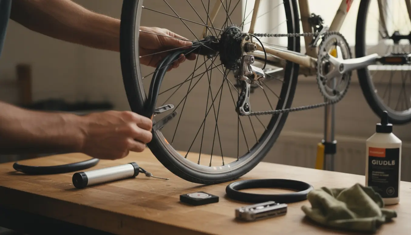 Hænder udskifter en ny cykelslange på baghjulet og justerer bagskifteren ved et værkstedsbord.